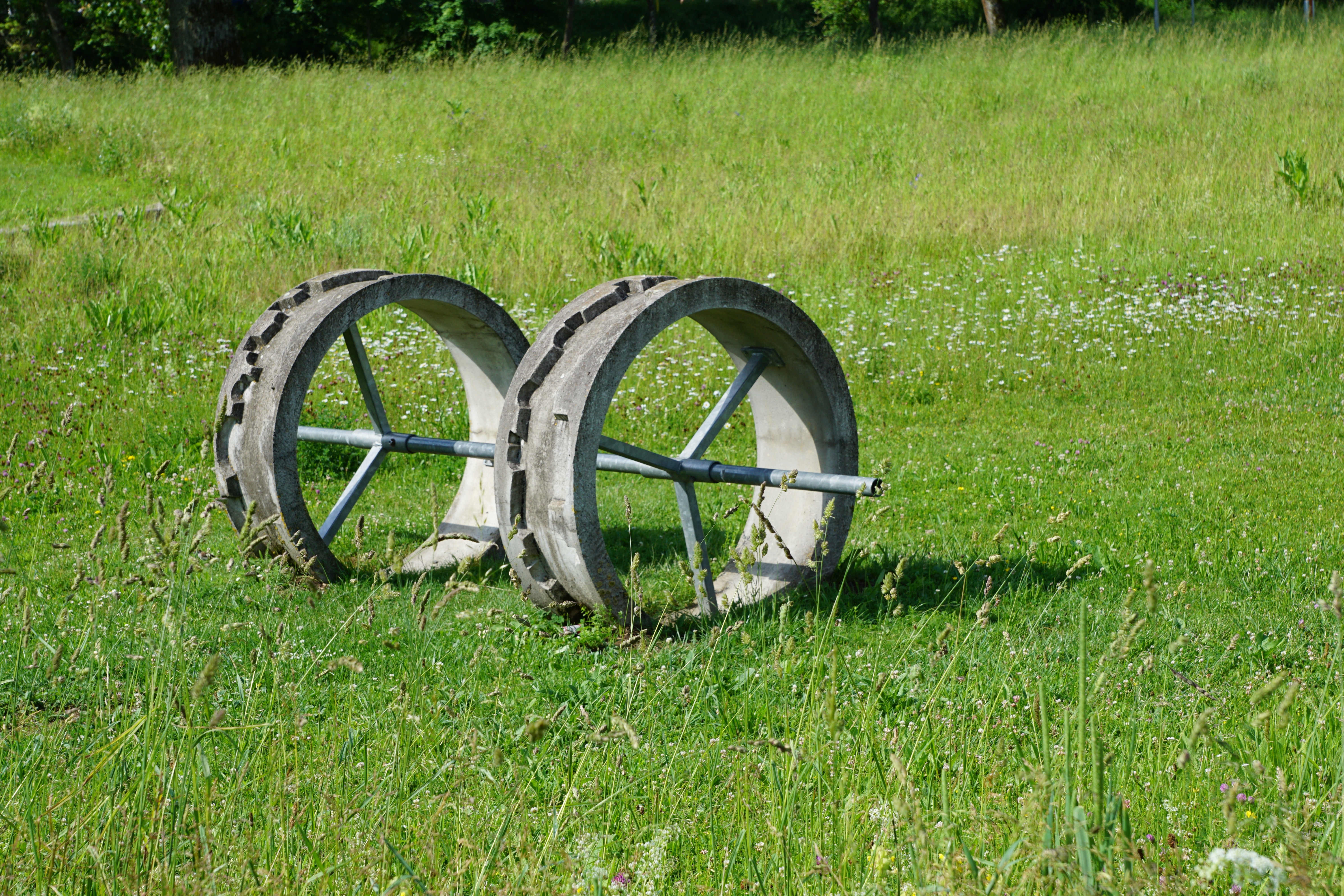 photography of black wheel on green grass field during day time